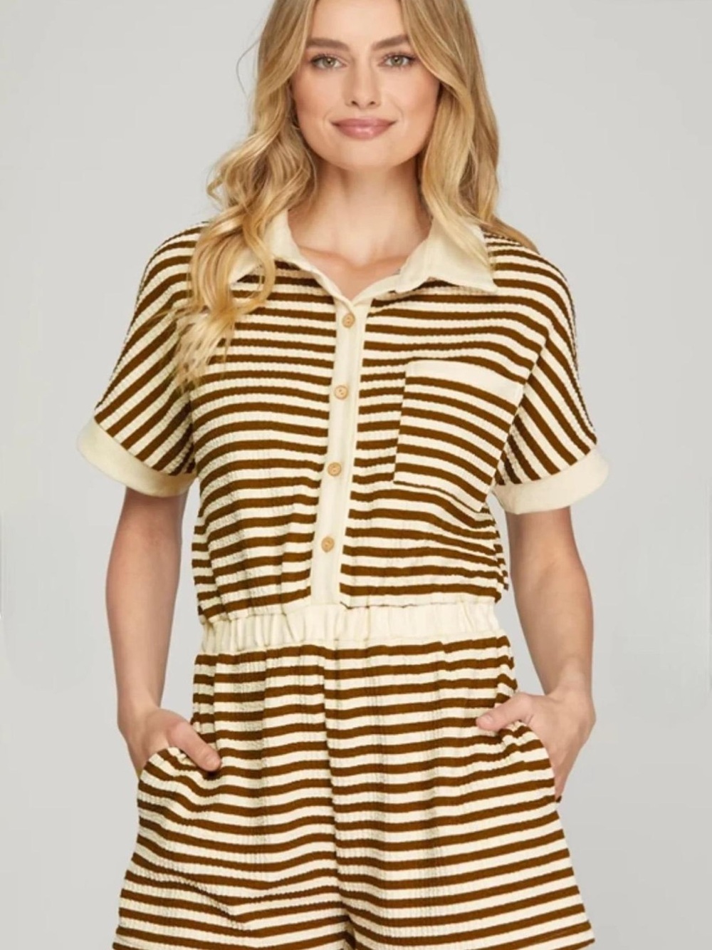 She + Sky Off-White and Camo green Striped Knit Shorts Romper - Size S